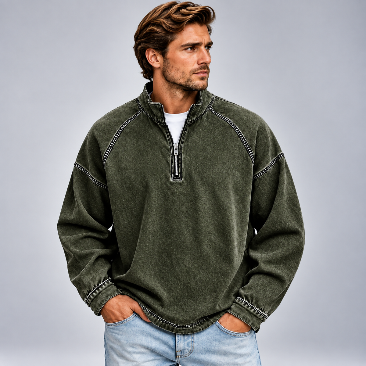 Męska bluza half zip ze stójką o luźnym kroju