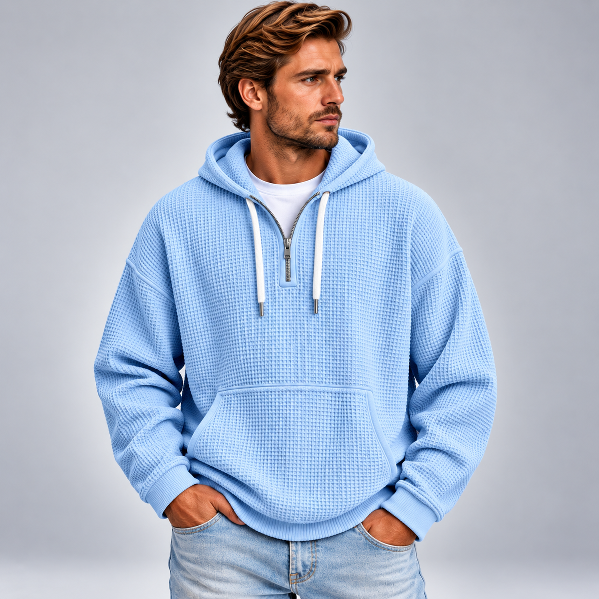 Męska bluza z kapturem half zip o fakturowanej powierzchni