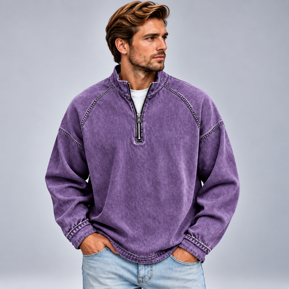 Męska bluza half zip ze stójką o luźnym kroju