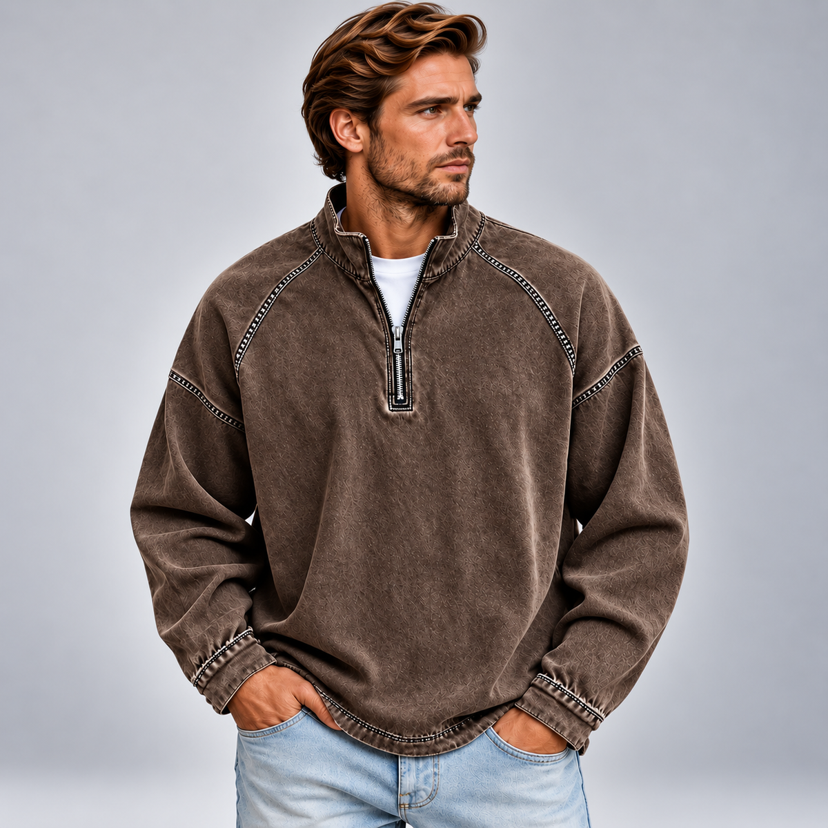 Męska bluza half zip ze stójką o luźnym kroju