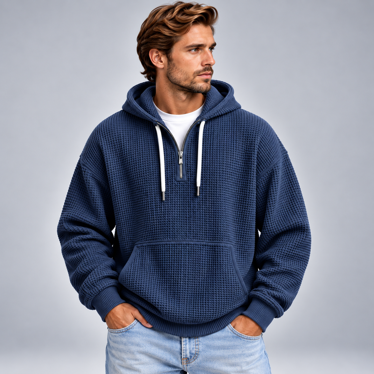 Męska bluza z kapturem half zip o fakturowanej powierzchni
