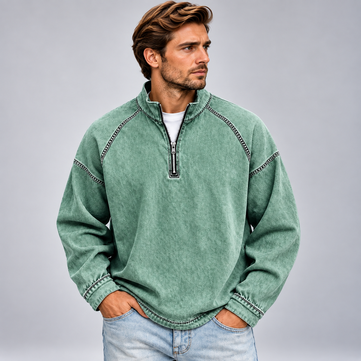 Męska bluza half zip ze stójką o luźnym kroju
