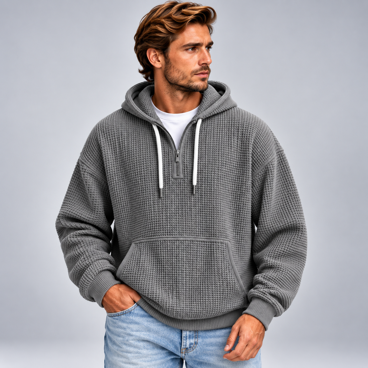 Męska bluza z kapturem half zip o fakturowanej powierzchni