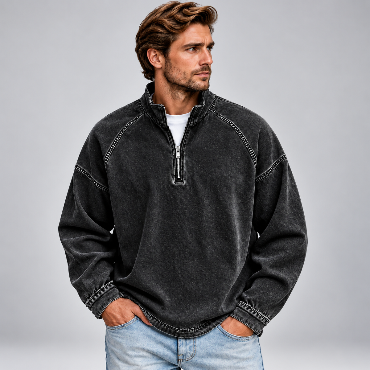 Męska bluza half zip ze stójką o luźnym kroju