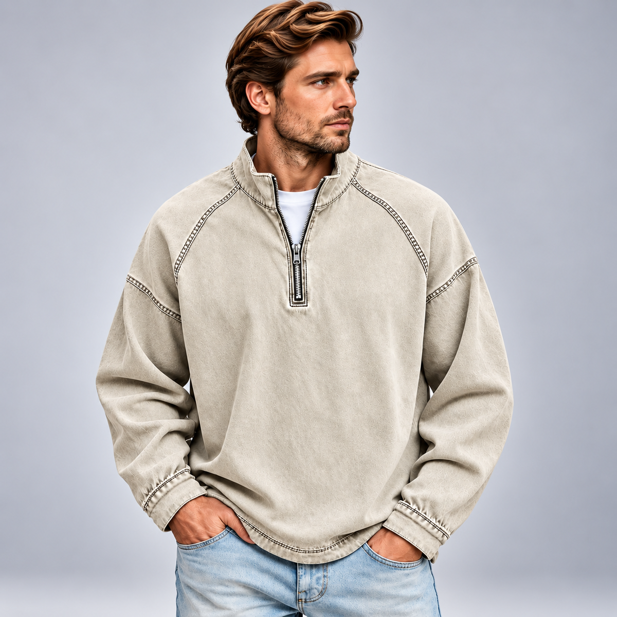 Męska bluza half zip ze stójką o luźnym kroju