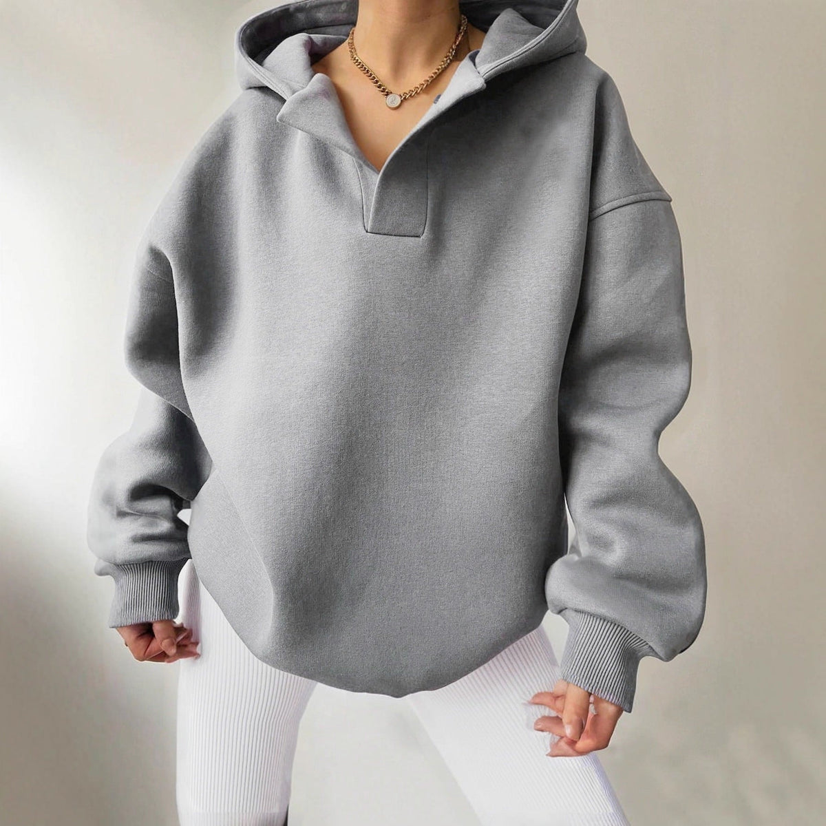 Szara bluza z kapturem damska oversize ze ściągaczami na rękawach