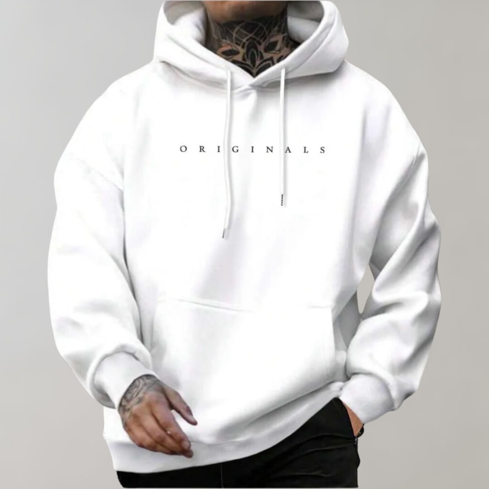 Biała bluza męska z kapturem z kieszenią kangurką i napisem ORIGINALS