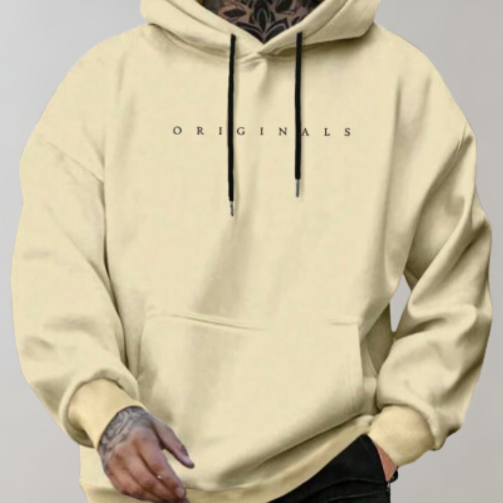 Jasna bluza męska z kapturem oversize ze sznurkami i napisem ORIGINALS