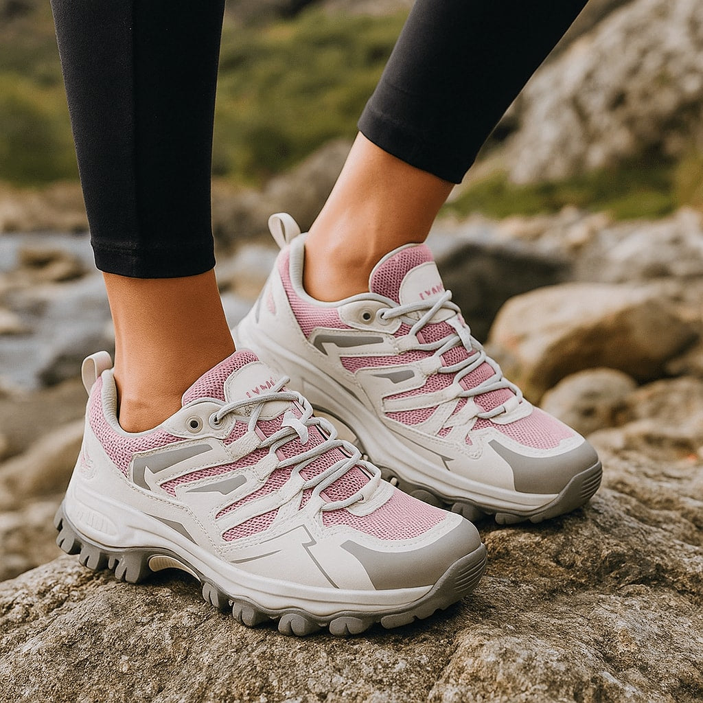 Buty trekkingowe damskie różowo-szare na antypoślizgowej podeszwie na skałach