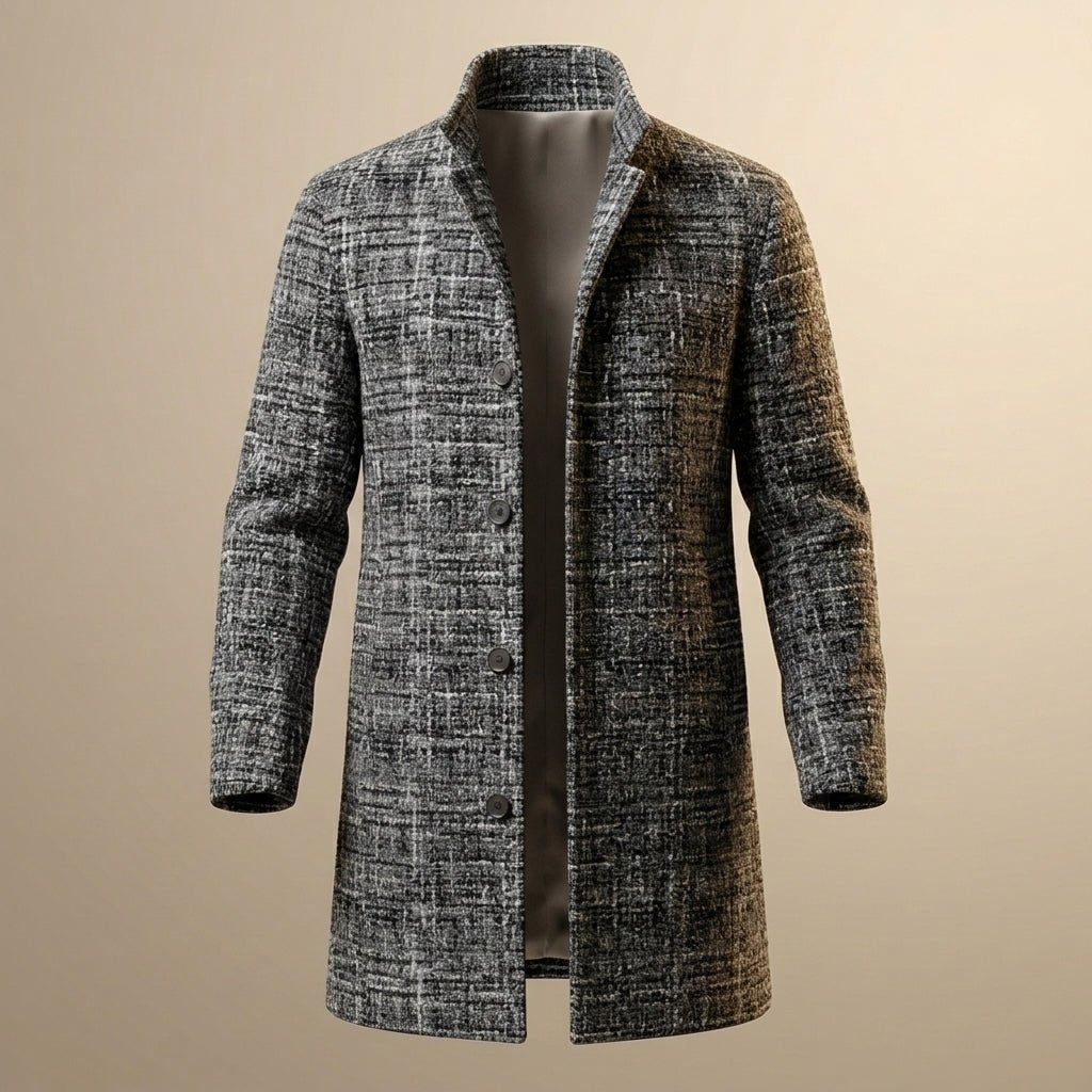 Płaszcz męski wełniany ze stójką, szary tweed