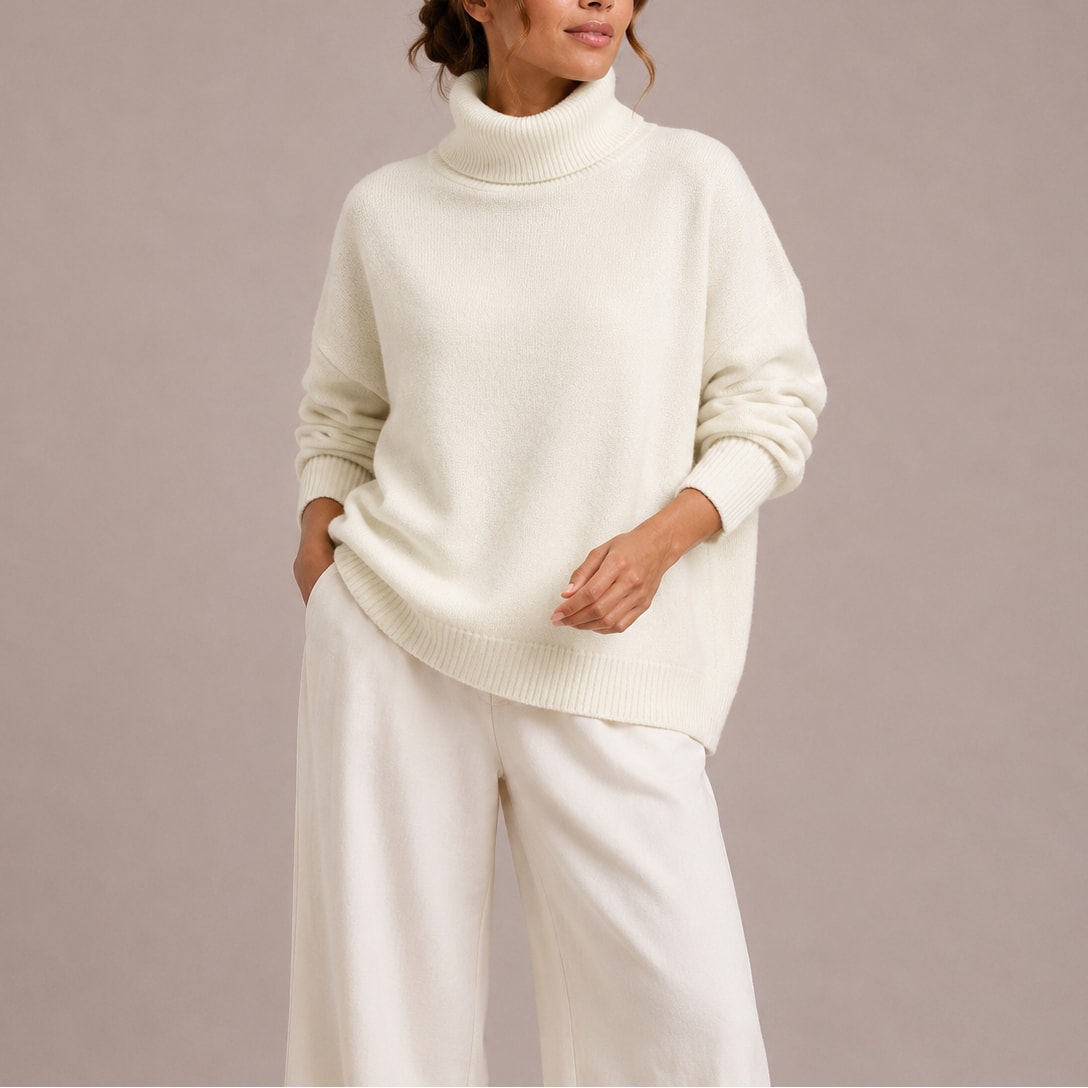 Biały sweter damski oversize z golfem