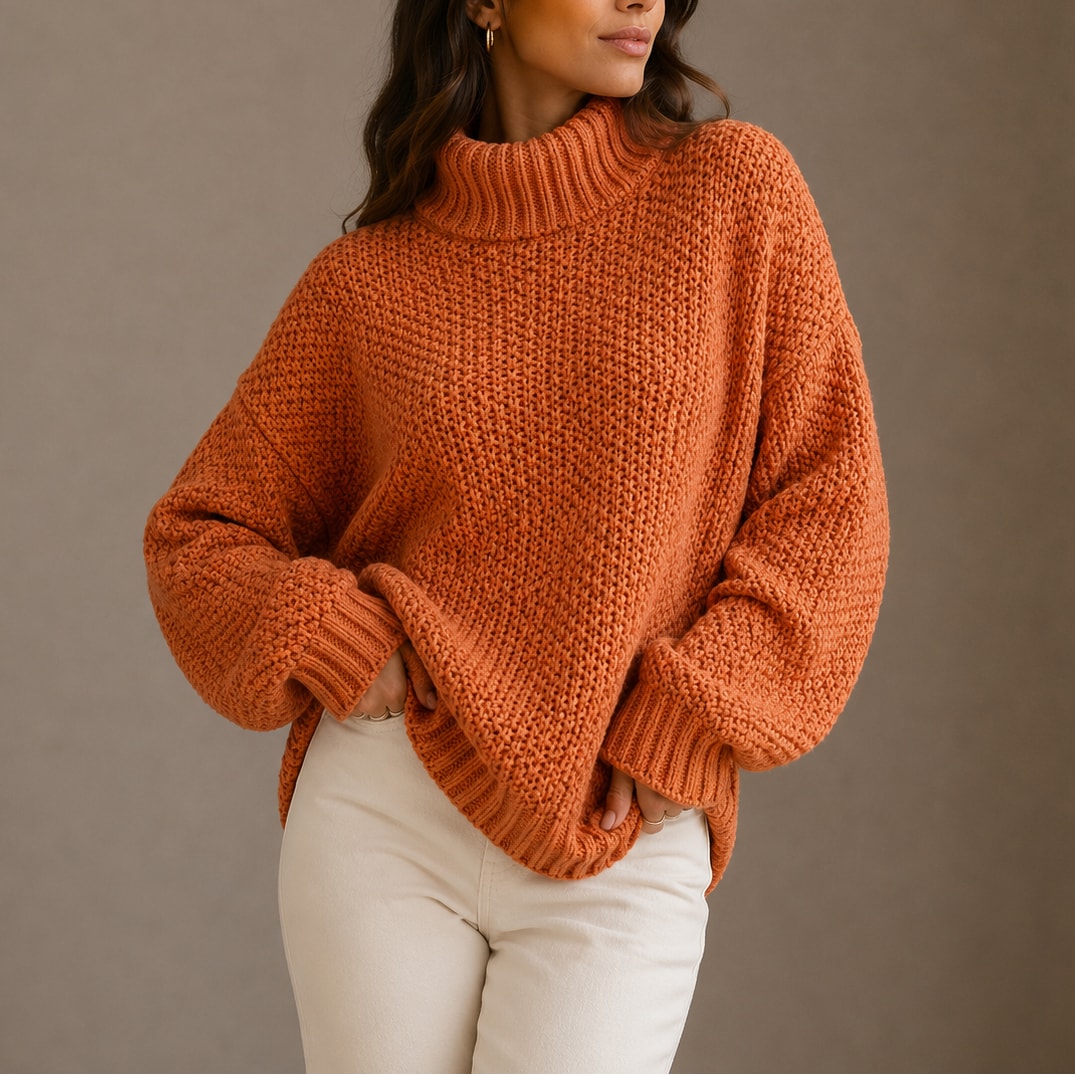 Pomarańczowy sweter damski oversize z golfem z grubej dzianiny
