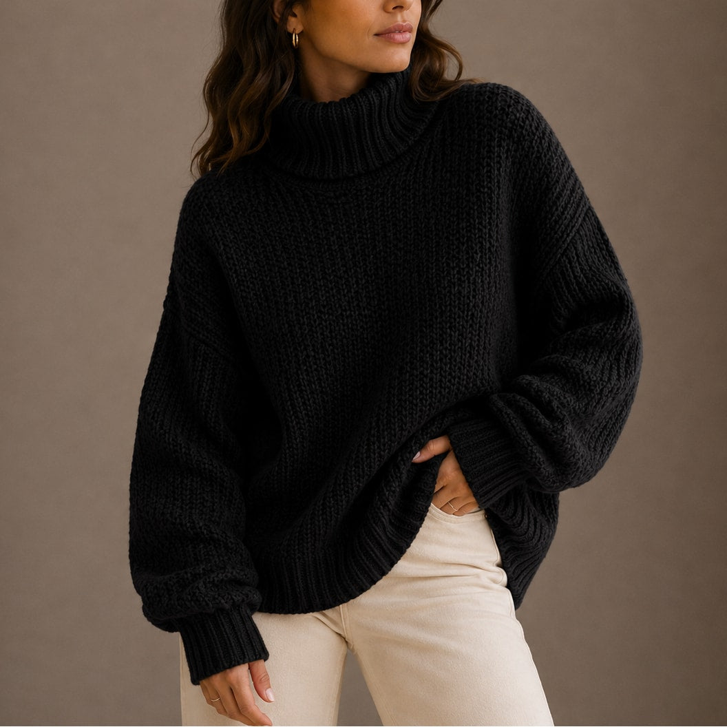Czarny sweter damski oversize z golfem ze ściągaczami