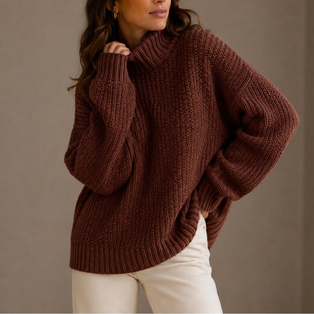 Brązowy sweter damski z golfem z grubej dzianiny
