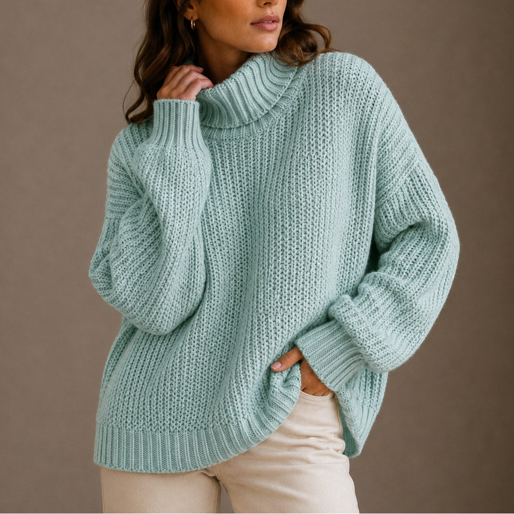 Sweter damski oversize z golfem z grubej dzianiny