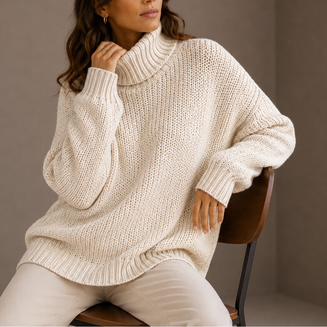 Sweter damski oversize z golfem z grubej dzianiny