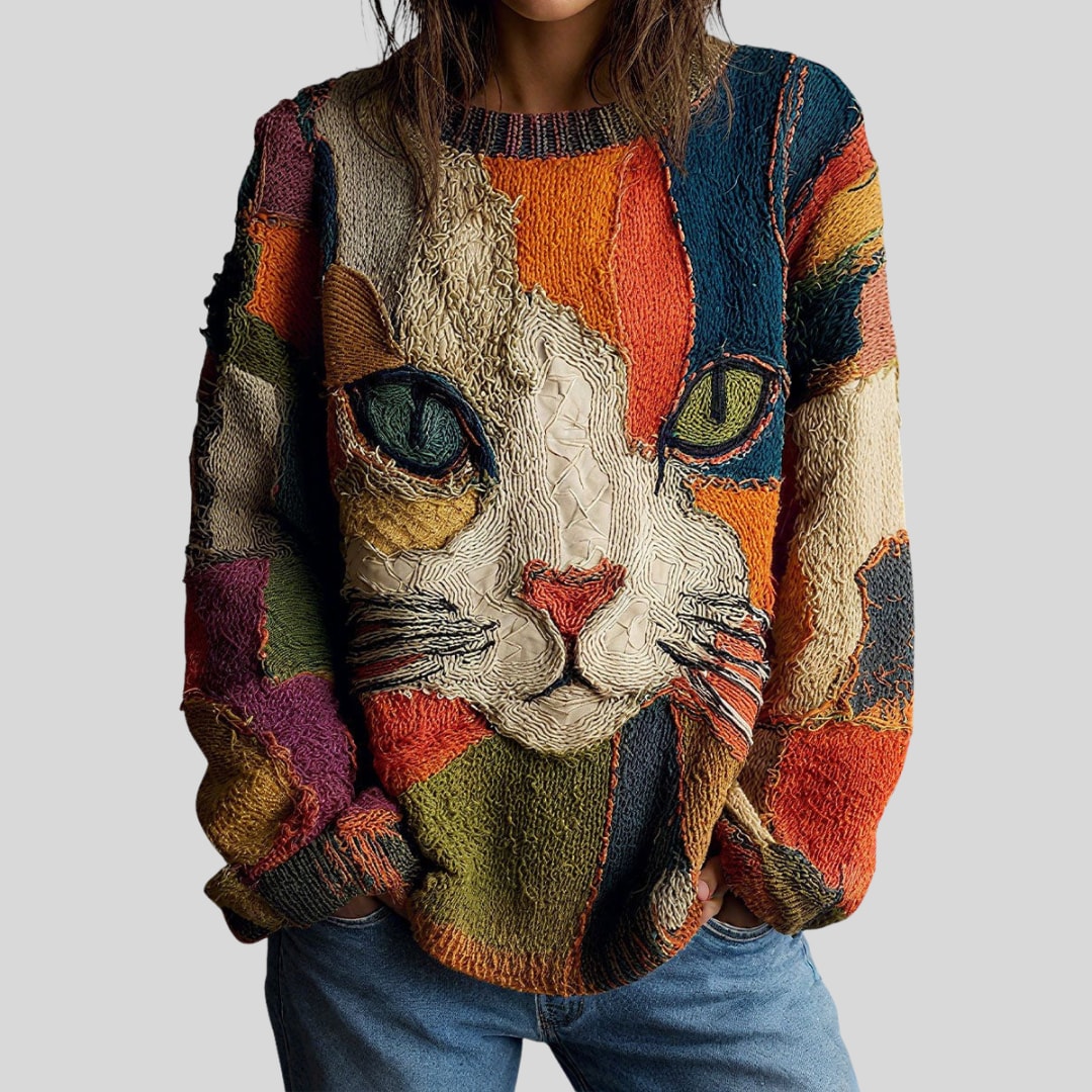 Kolorowy sweter damski oversize z motywem kota patchwork