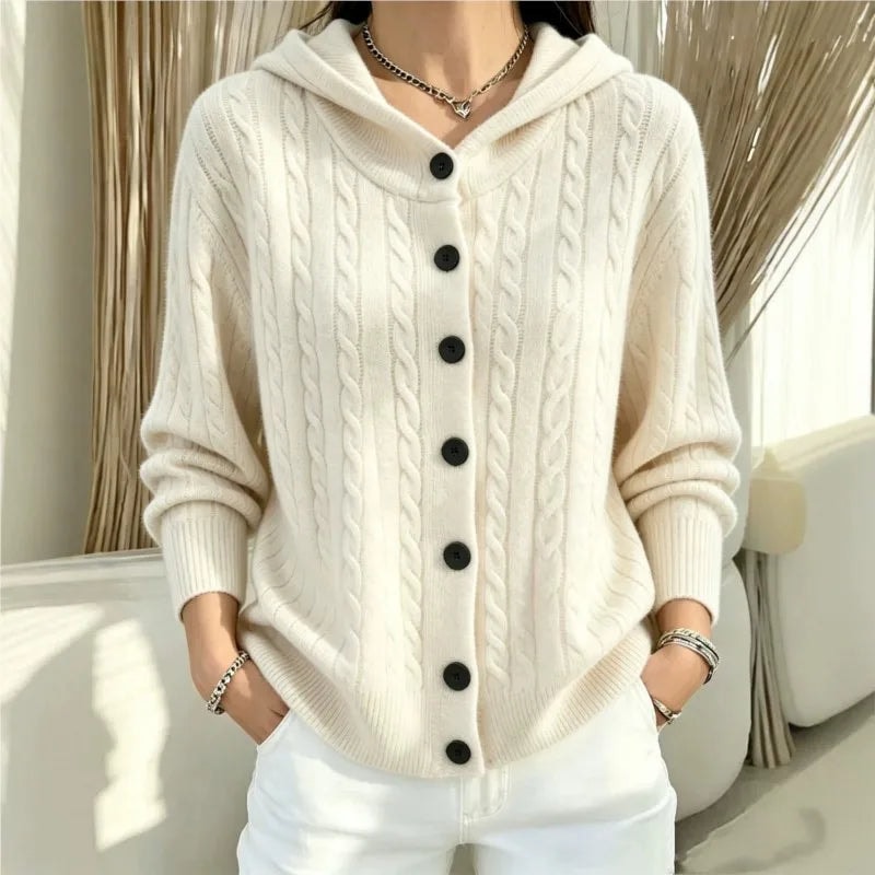 Kremowy sweter damski rozpinany z kapturem na guziki