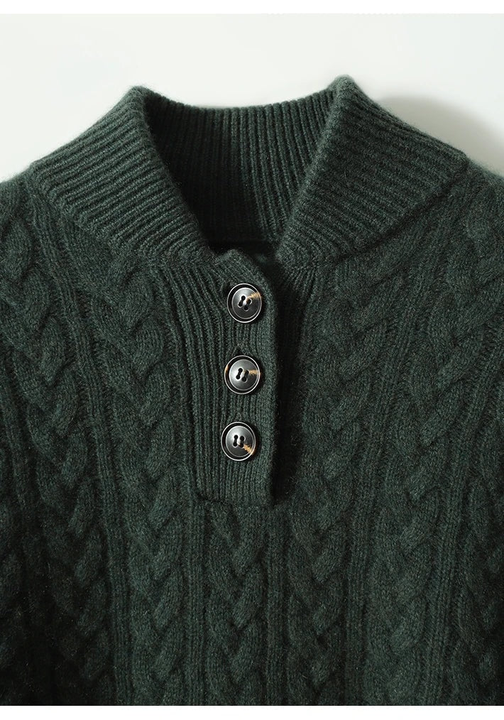Sweter damski z warkoczowym splotem i stójką na guziki