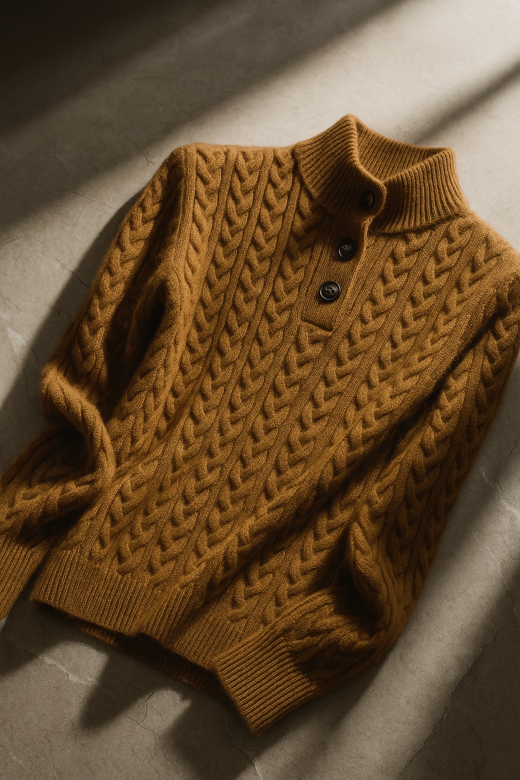 Sweter damski z warkoczowym splotem i stójką na guziki