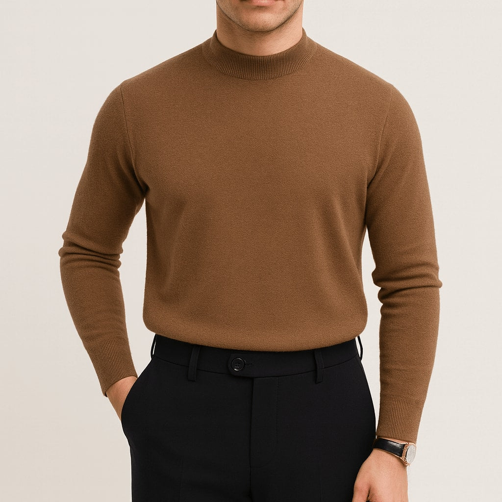 Brązowy sweter męski z półgolfem i długim rękawem