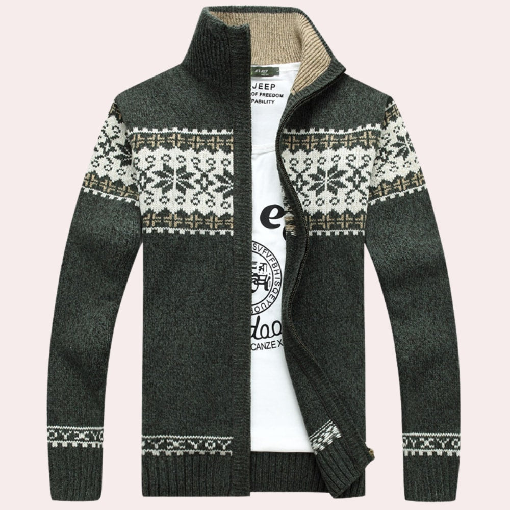 Sweter męski rozpinany zielony ze stójką i norweskim wzorem