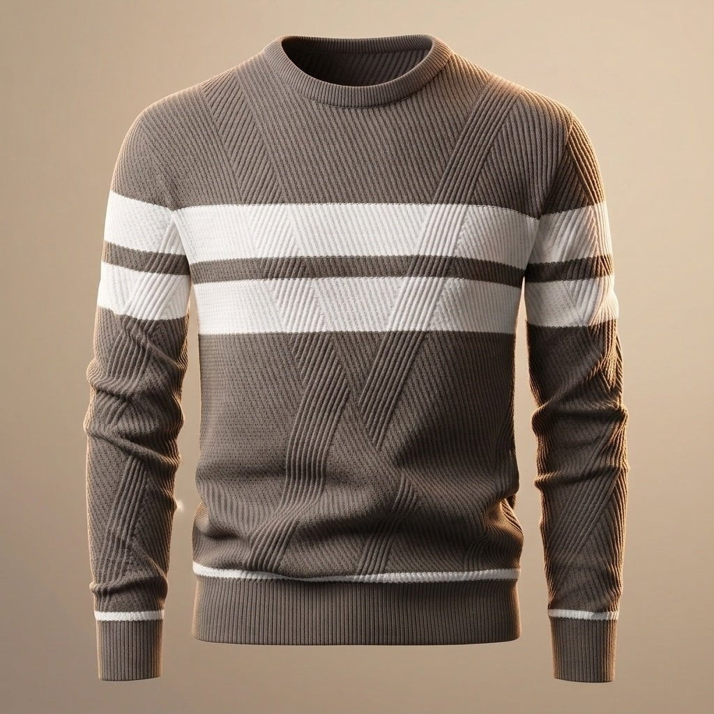 Brązowy sweter męski w paski z okrągłym dekoltem