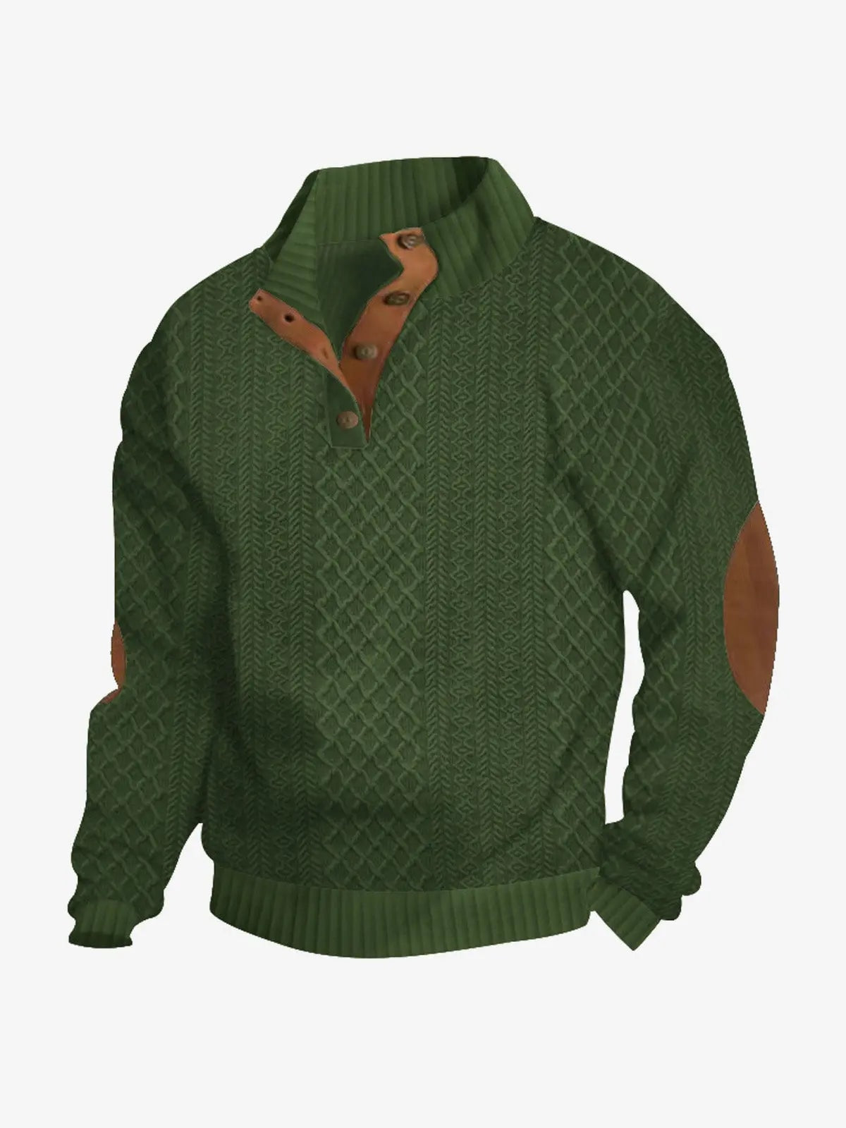 Sweter męski ze stójką warkoczowy z łatami na łokciach